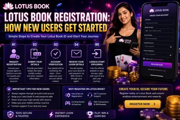 Lotus Book registration steps for new users — request, submit details, verify, receive login, and start