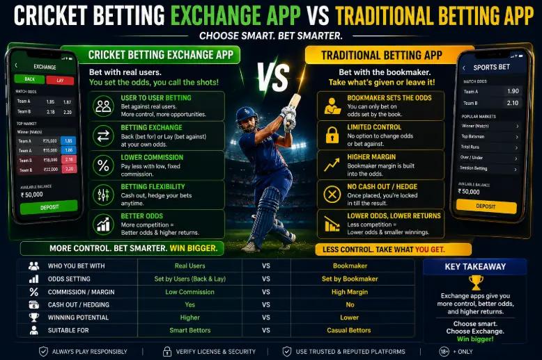 Cricket betting exchange app vs traditional betting app — user-to-user betting versus betting against the bookmaker