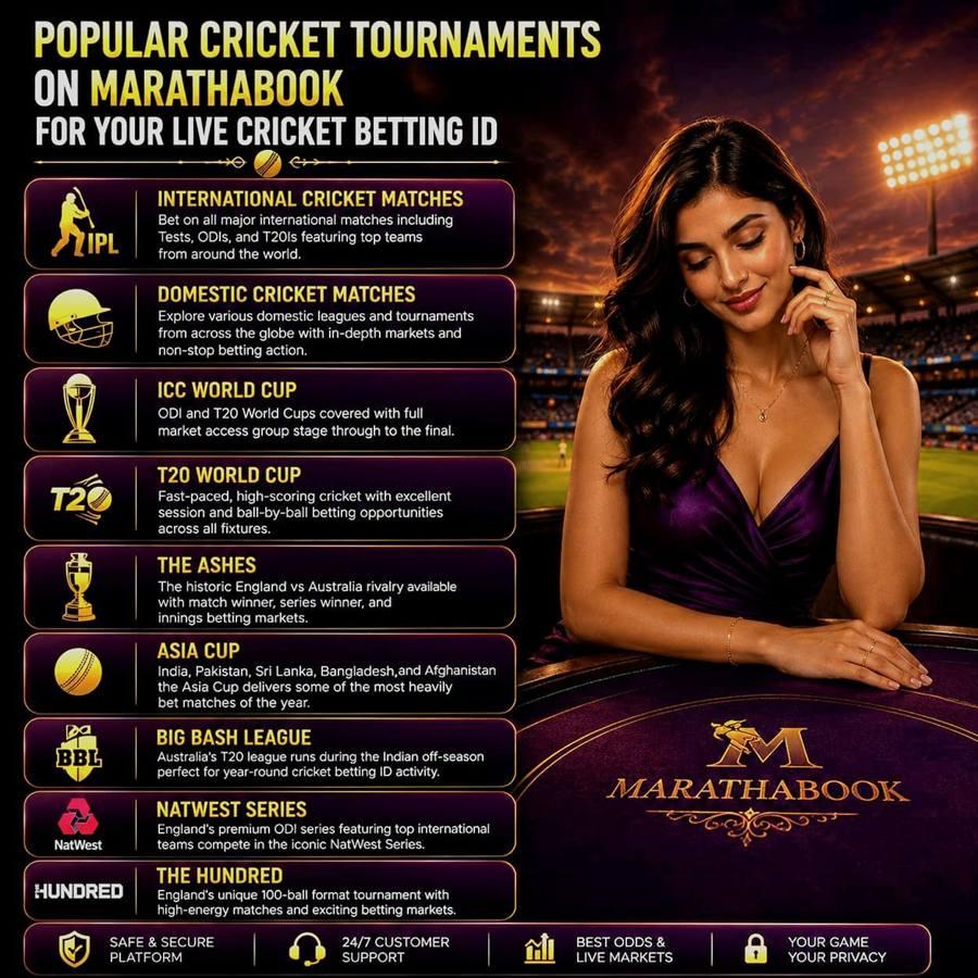 Popular cricket tournaments on MarathaBook — IPL, ICC World Cup, T20, Ashes, Asia Cup, BBL, NatWest and The Hundred